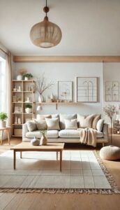 Ljust nordiskt vardagsrum med taklampa, soffa och mjuk belysning