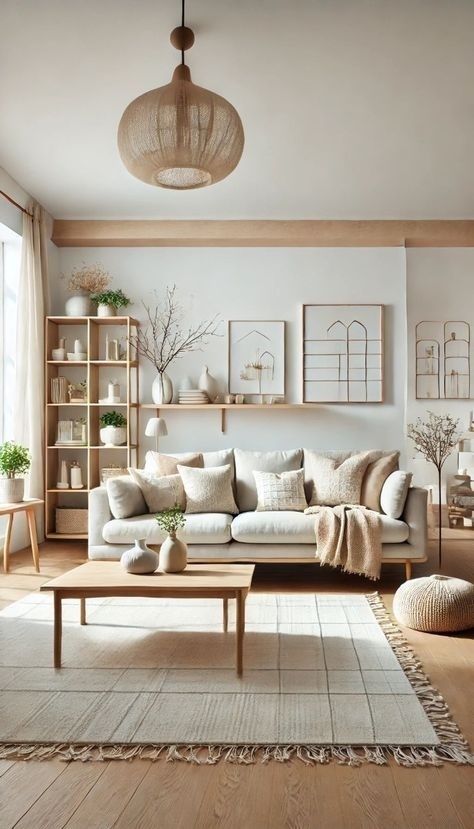 Ljust nordiskt vardagsrum med taklampa, soffa och mjuk belysning