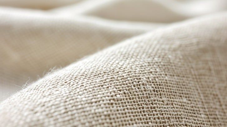 Närbild av ljust, vävt linnetyg med tydlig fiberstruktur